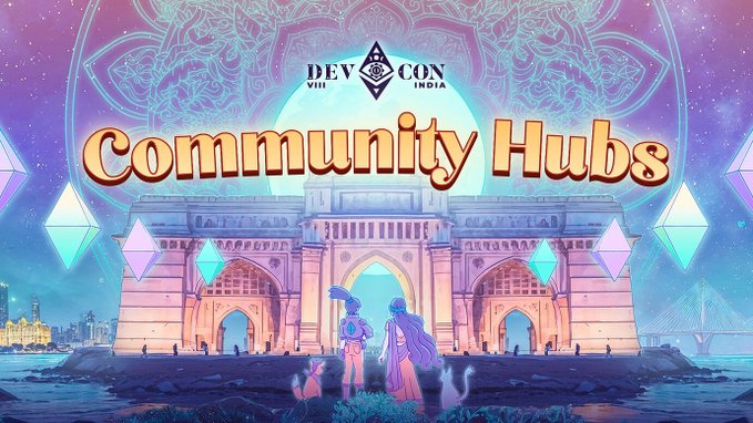 A vibrant digital illustration promotes 'DEVCON VIII INDIA' with the heading 'Community Hubs' displayed above a grand archway structure.