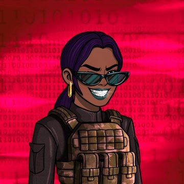A cartoon-style avatar of a smiling woman with purple hair, wearing dark sunglasses, a gold hoop earring, and tactical gear, set against a bright red background filled with binary code.