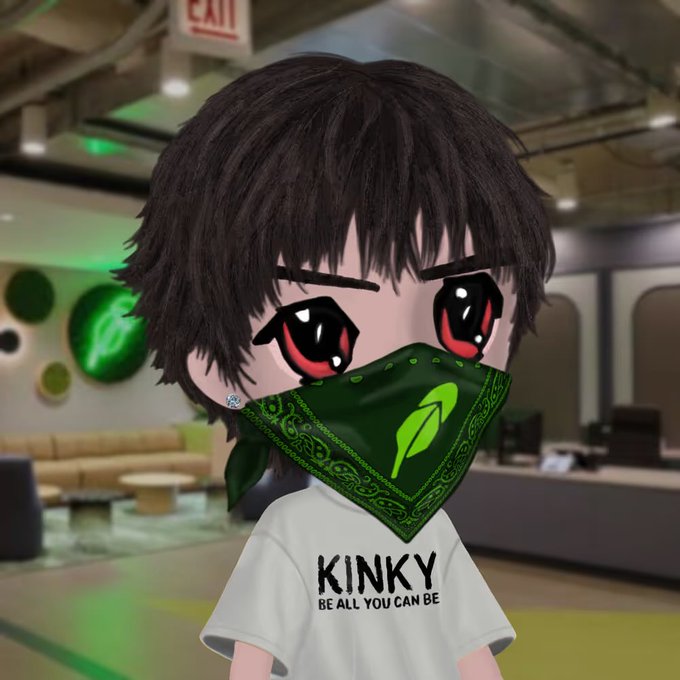 A 3D animated, anime-style character with large red eyes wearing a green bandana mask and a white t-shirt that reads 'KINKY BE ALL YOU CAN BE'.