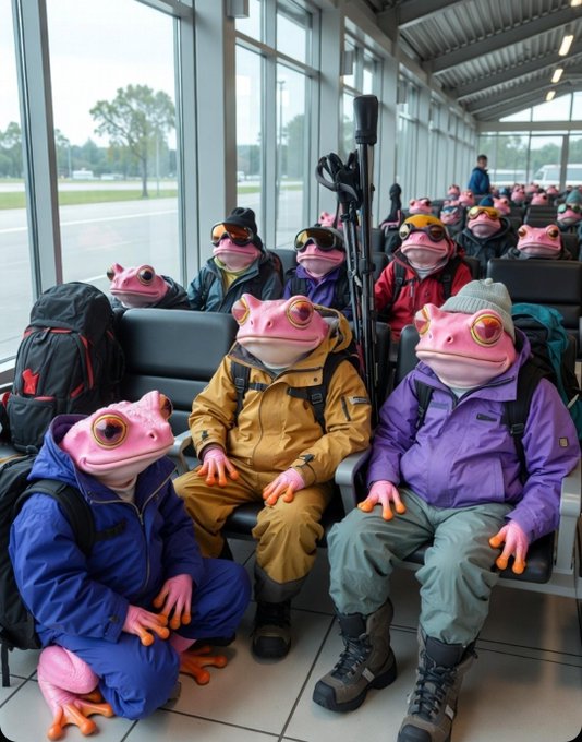 A group of people wearing pink frog masks and colorful ski jackets sit in an airport terminal waiting area, surrounded by luggage and ski equipment.