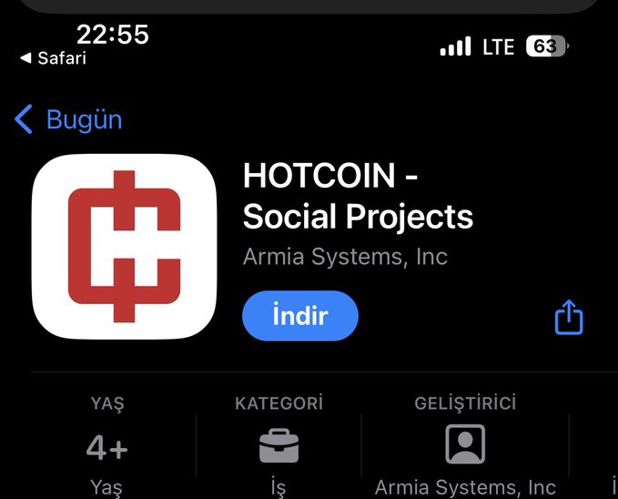 A screenshot of the App Store showing the listing for 'HOTCOIN - Social Projects' by Armia Systems, Inc, with an 'İndir' (Download) button visible.