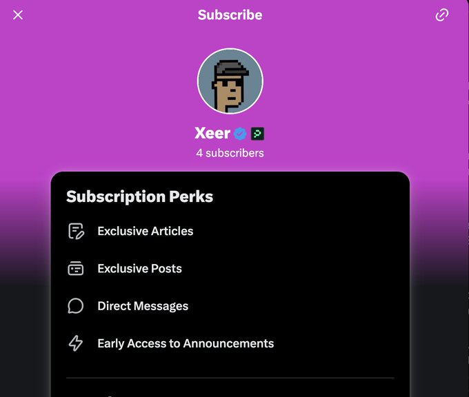 A subscription page showing a user 'Xeer' with 4 subscribers, offering perks like Exclusive Articles, Posts, Direct Messages, and Early Access to Announcements.