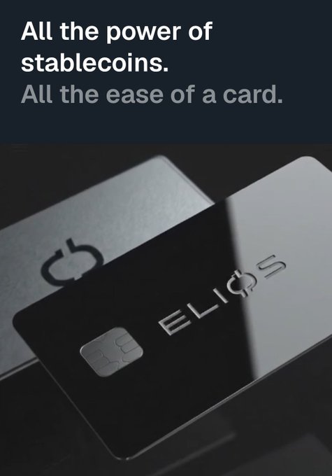 Advertisement for ELICS stablecoin cards with the tagline 'All the power of stablecoins. All the ease of a card.' showing sleek black and silver metal cards.