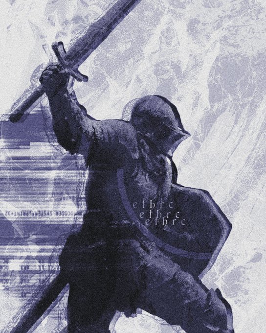 A stylized purple and white illustration of a knight in armor wielding a sword, with the text 'etbfc' repeated on the shield.