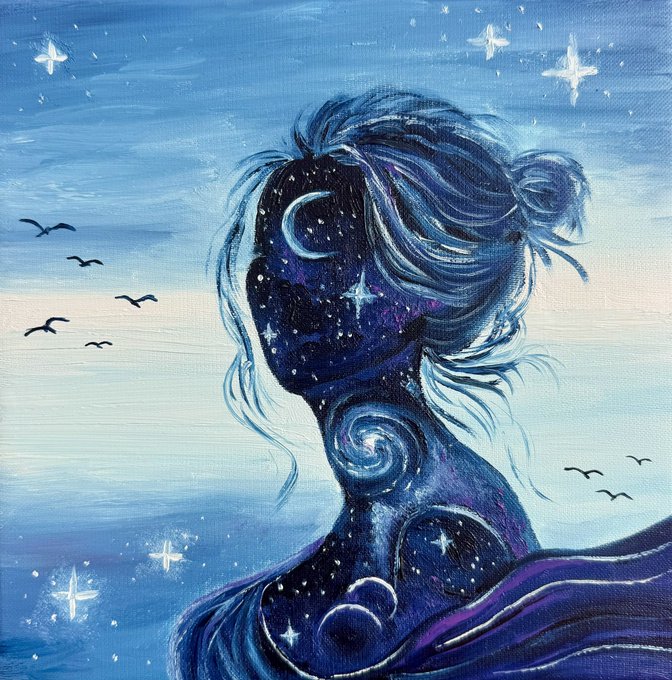 A painting of a woman in silhouette filled with a swirling galaxy of stars, moons, and cosmic patterns, set against a blue sky with flying birds.