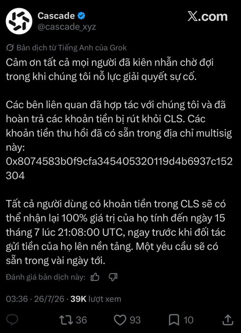 A Vietnamese-language X (Twitter) post from @cascade_xyz about users with funds in CLS multisig being able to reclaim 100% of their value before July 15, 21:08:00 UTC, with 39K views.