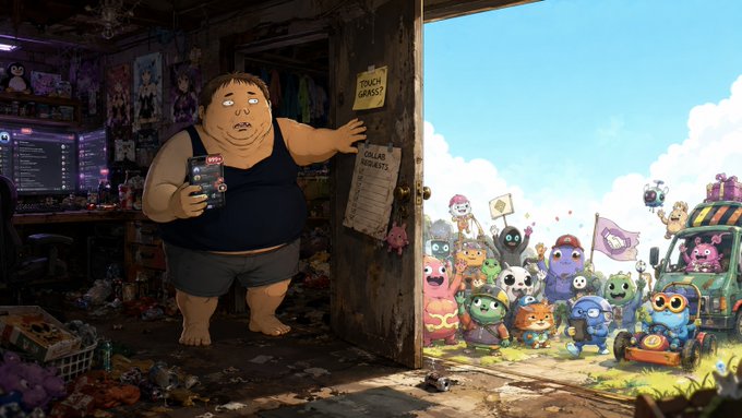 An animated illustration shows a large man in a black tank top standing in a messy room, holding a phone and looking shocked at a chaotic crowd of colorful creatures outside the open door.