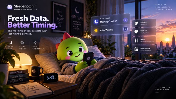 A promotional graphic for 'Sleepagotchi' features the tagline 'Fresh Data. Better Timing.' alongside an animated green character holding a phone, set against a sunset bedroom backdrop.