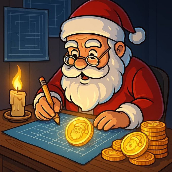 A cartoon Santa Claus draws blueprint plans beside a lit candle, with gold coins stamped with his face stacked on the desk.