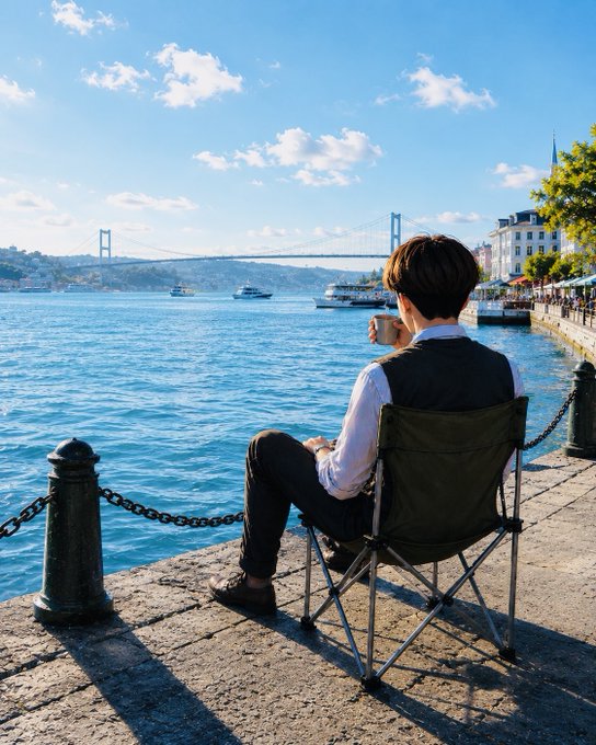 A man in a vest sits in a folding chair on a stone pier, sipping a drink while overlooking a scenic waterway with boats, a suspension bridge, and a distant city skyline beneath a partly cloudy sky—a peaceful "Good Morning" moment of reflection by the Bosphorus.