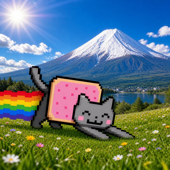 A pixel art cat character (Nyan Cat) with a pop-tart body, flying over a grassy field with flowers, holding a rainbow flag, with Mount Fuji in the background.