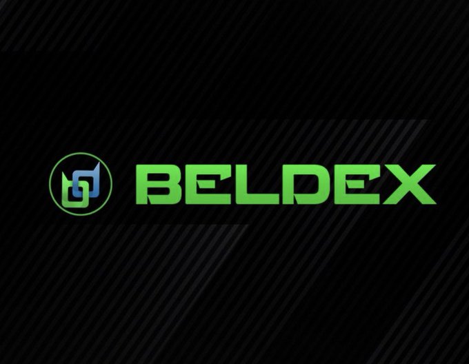 The Beldex logo displayed in bright green text with its accompanying icon on a dark, textured background.