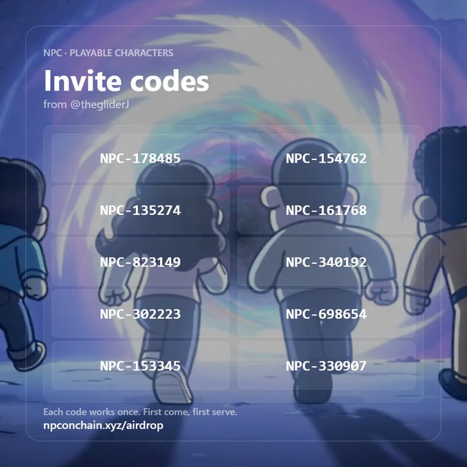 A graphic titled 'Invite codes' for 'NPC - PLAYABLE CHARACTERS' from @thegliderj, listing various NPC codes (e.g., NPC-178485) and a website link, set against a cartoon background of characters walking into a portal.