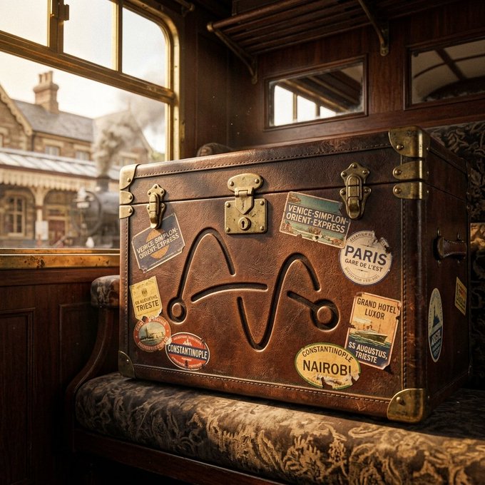A vintage brown leather suitcase covered in travel stickers from locations like Paris, Venice Simplon Orient-Express, Constantinople, and Grand Hotel Luxor, resting on a patterned seat inside a classic train car.