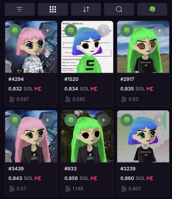 A digital marketplace displays six cartoon-style NFT avatars with prices listed in SOL, including items like #4294 and #1520.