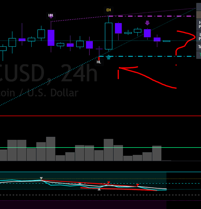 A BTC/USD 24h chart showing price action near recent highs (HH/HL marked) with a red curved arrow suggesting a potential pullback, while the daily RSI below displays forming bullish divergence — supporting the post's claim of a hidden bull div setup if a higher low is confirmed.