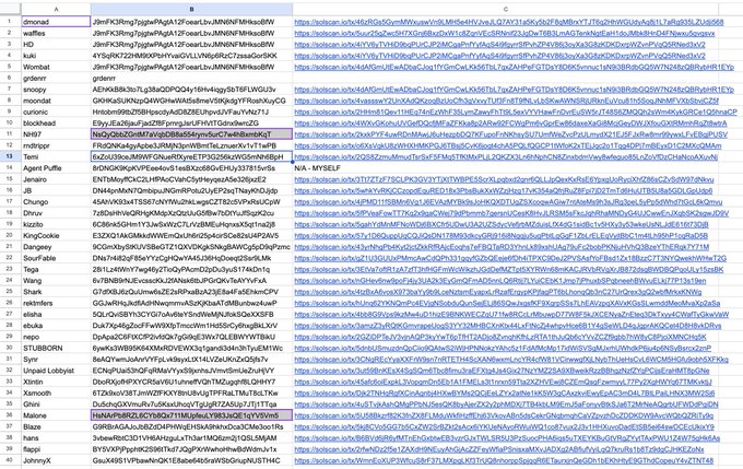 The image displays a spreadsheet table listing meme stocks or tickers (such as $LMAO, $WTF, $BBBY, $GME, and $AMC) alongside their corresponding Ronin blockchain wallet addresses, transaction hashes, and purchase details. The post refers to "$LMAO" as a ticker to "hold" for an upcoming catalyst, directly corresponding to the highlighted $LMAO entry in the spreadsheet.