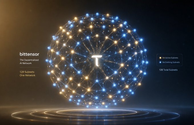 Promotional graphic for 'bittensor - The Decentralized AI Network' showing a glowing neural network sphere with interconnected nodes, displaying '128 Subnets, One Network' and '64 Active Subnets, 64 Evolving Subnets, 128 Total Subnets'.