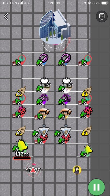 A mobile strategy game screen showing a branching skill tree or path with various icons including REPLICA, SKILL, and other items, with a START marker at the bottom.