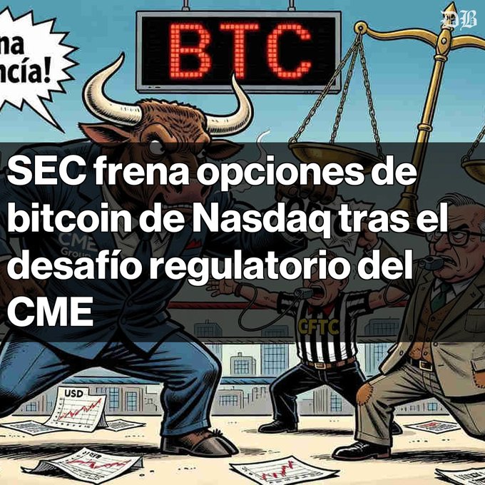 A Spanish-language news illustration showing a Bitcoin bull fighting CFTC and SEC regulators, with text reading 'SEC frena opciones de bitcoin de Nasdaq tras el desafío regulatorio del CME' (SEC halts Nasdaq bitcoin options after CME regulatory challenge).