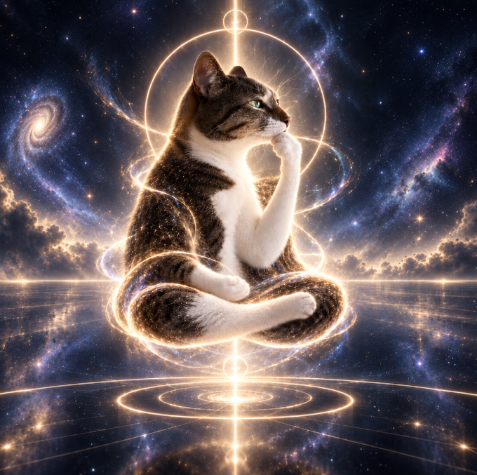 A tabby cat sits in a meditative lotus pose against a cosmic backdrop, surrounded by glowing geometric light patterns and a galaxy-filled sky, evoking themes of cosmic wisdom and inner power. The image's serene, contemplative energy paired with the mystical visual elements reinforces the post's message about the strength that comes from unwavering belief in oneself.