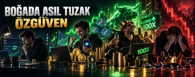 The image is a crypto-themed banner with the Turkish text "BOĞADA ASIL TUZAK ÖZGÜVEN" (meaning "The real trap in a bull market is confidence") alongside a trader celebrating with champagne next to a "100X" sign and stacks of coins, while another trader on the right appears stressed or in despair. It visually illustrates the post's message that the biggest financial losses in crypto often occur during bull markets when overconfidence and euphoria—symbolized by the celebrating trader—replace rational decision-making.