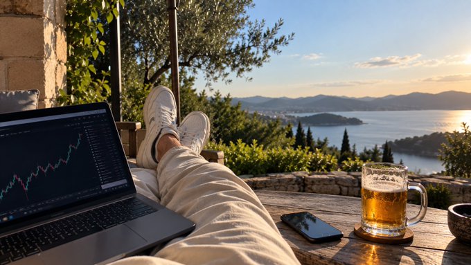 A scenic view from an outdoor patio overlooking a bay at sunset, with a person's feet up on a table alongside a laptop showing stock graphs, a smartphone, and a mug of beer.
