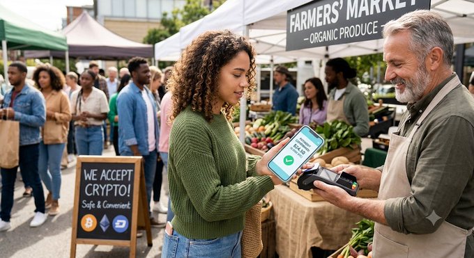 An AI-generated scene depicts a woman paying at a farmers' market stall with a smartphone, with a sign reading 'WE ACCEPT CRYPTO! Safe & Convenient' next to a vendor holding a card reader.