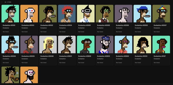 A collection of pixel art NFT avatars from the "CryptoPunks" collection, displayed in a grid with their respective evolution numbers and "Not listed" status.
