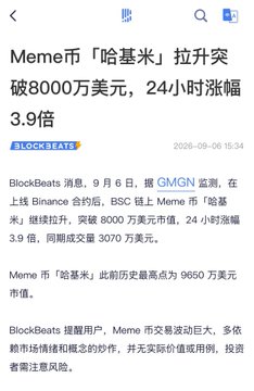 A Chinese BlockBeats news article screenshot dated 2024-09-06 announcing that the Meme coin '哈基米' (GMGN) has surpassed $80 million in market cap, achieving a 3.9x increase in 24 hours shortly after launching on Binance contracts.