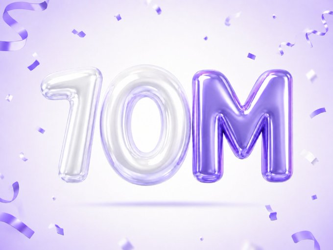 Purple and silver metallic balloon letters spelling "10M" float against a soft lavender background scattered with confetti, visually celebrating the milestone of 10 million users mentioned in the accompanying post about reaching 10,000,000 Linkers.