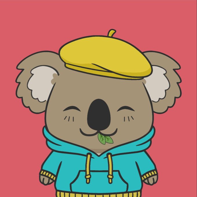 A cartoon koala wearing a yellow beret and a blue hoodie smiles with a leaf in its mouth against a pink background.