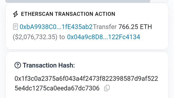 An Etherscan transaction record showing a transfer of 766.25 ETH ($2,076,732.35) between two wallet addresses, with the transaction hash displayed.