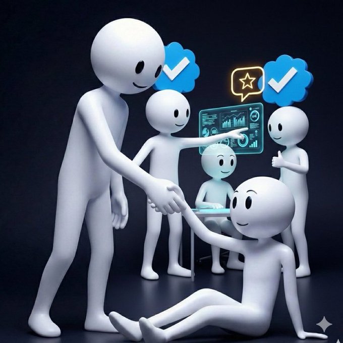 A 3D illustration features several smooth, white, faceless figures interacting around a glowing blue holographic screen displaying charts and graphs, with checkmark and star icons floating nearby.