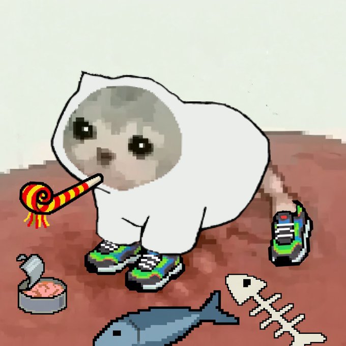 A pixel-art illustration of a sad-looking white cat (Bogle) wearing colorful sneakers, smoking a striped cigar, surrounded by a tin can, fish bones, and a fish on the ground.
