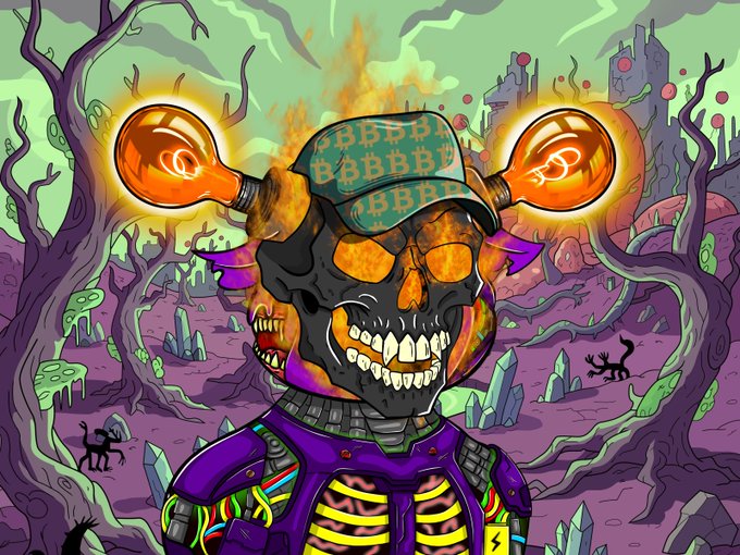 A vibrant, psychedelic digital illustration of a grinning skull wearing a green cap labeled 'BABBA' with glowing orange orbs on either side, set against a surreal landscape with twisted trees and green skies.