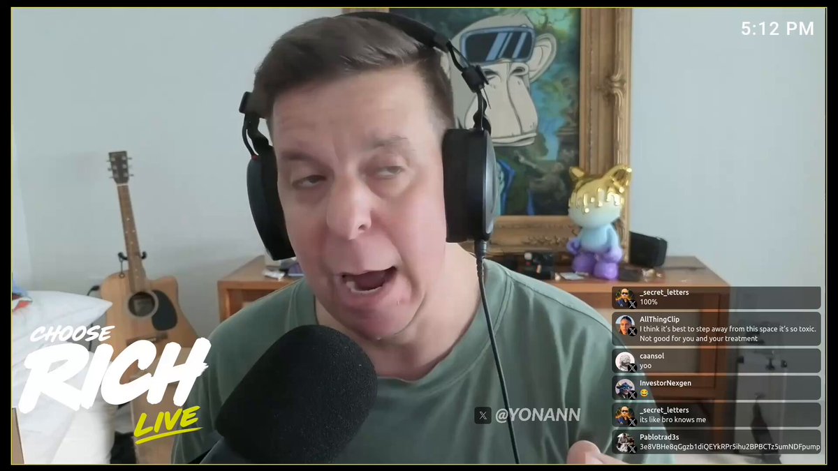 The image features a man wearing headphones, sitting at a computer with a microphone attached to it. He appears to be engaged in an online chat or video call, possibly participating in a radio show or podcast called "Choose Rich Live". The host of the show is talking about meme coins and how they have lost money on their token. One of the memes being discussed is about a man who has been trading Solana tokens for months but has not made any profit. The host encourages the listeners to get out of the trenches, find a real job, and stop wasting time on these virtual tokens.
