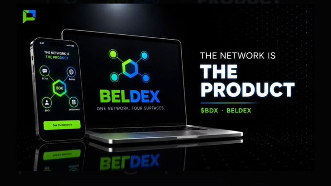 A promotional graphic for Beldex ($BDX) showing the tagline 'THE NETWORK IS THE PRODUCT' alongside a smartphone and laptop displaying the Beldex logo and 'One Network. Four Surfaces.'