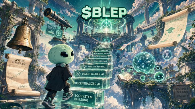 A fantasy-themed promotional banner for '$BLEP' features a small alien-like character standing before floating architecture in the clouds, with a checklist including 'DECENTRALIZED AI' and 'ECOSYSTEM BUILDING'.