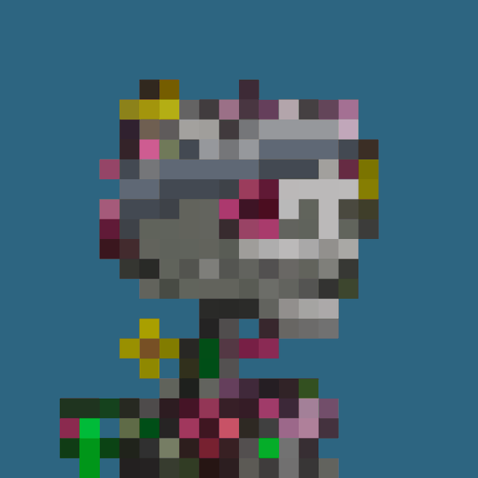 A highly pixelated, mosaic-style portrait of a figure against a blue background, appearing to be in a video game sprite format.