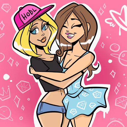 A colorful cartoon illustration of two hugging girls on a pink background filled with diamonds and doodles, one wearing a pink 'HODL' cap and the other holding a diamond-patterned bag.