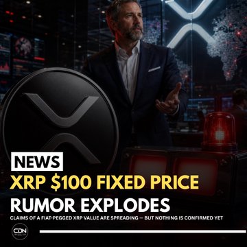 A man in a suit stands in front of multiple screens displaying the XRP/X logo, gesturing as he presents. Overlay text reads "NEWS XRP $100 FIXED PRICE RUMOR EXPLODES — CLAIMS OF A FIAT-PEGGED XRP VALUE ARE SPREADING — BUT NOTHING IS CONFIRMED YET," illustrating the unverified circulating rumors of XRP reaching a $100 fixed price point.