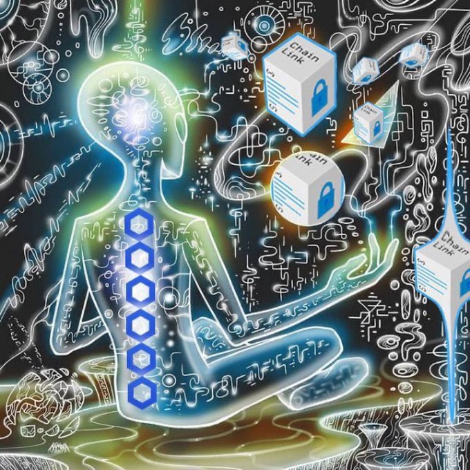 A digital art piece depicting a glowing blue robot or android figure interacting with blockchain/crypto cubes labeled "Chain Link."