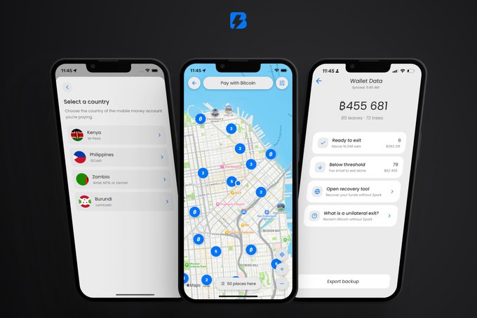 Three smartphone screens displaying the Bitcoin Lightning wallet app, showing country selection (Kenya, Philippines, Zambia, Burundi), a Bitcoin payment map, and a wallet balance of B455 681 satoshis.