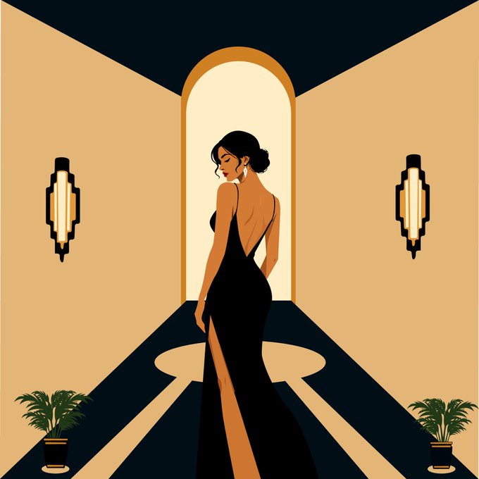 An Art Deco-style illustration of a woman in an elegant black backless gown standing in a symmetrical hallway with potted plants and wall sconces.