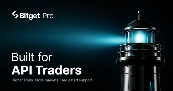 A Bitget Pro promotional banner reading 'Built for API Traders - Higher limits. More markets. Dedicated support,' featuring a black lighthouse emitting a beam of teal light against a dark background.