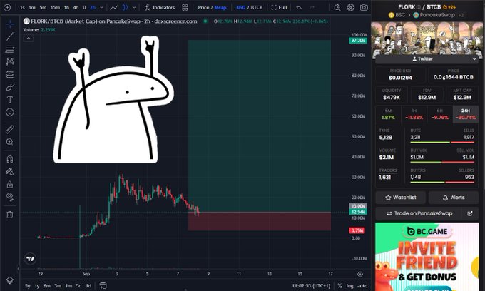 A TradingView chart of FLORK/BTC showing the token's recent price action and selloff at a $12.9M market cap, overlaid with a hand-drawn meme frog character and accompanied by social media stats (including a Binance tweet featuring the meme) that support the post's bullish case for a potential spot listing.