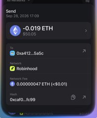 The image shows a crypto wallet notification confirming a received transaction of -0.019 ETH ($50.05) from address 0xa412...5a5c via the Robinhood network, illustrating the $50 ETH tip that the user is celebrating in their post.