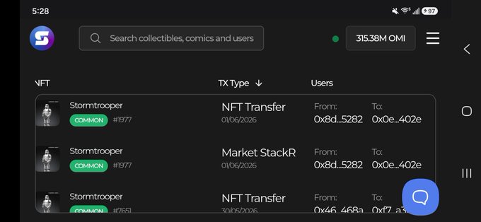 The image features a screenshot of an app, possibly a market research tool, displaying a list of transactions for Stormtrooper. It shows a total of seven transactions, with one being the most recent sale worth 61.5 million US dollars or 11.2k usd. The app is open on a smartphone and there's a speech bubble beneath the transaction list containing the words "breaking @veve_official news! A @starwars Stormtrooper mint #1977 just sold for ...." which highlights an interesting connection between the buyer and seller of one of these transactions, creating a sense of intrigue around the story.