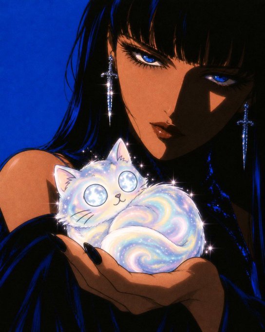 An anime-style illustration of a woman with striking blue eyes and dark hair holding a sparkling, rainbow-colored iridescent cat against a deep blue background.